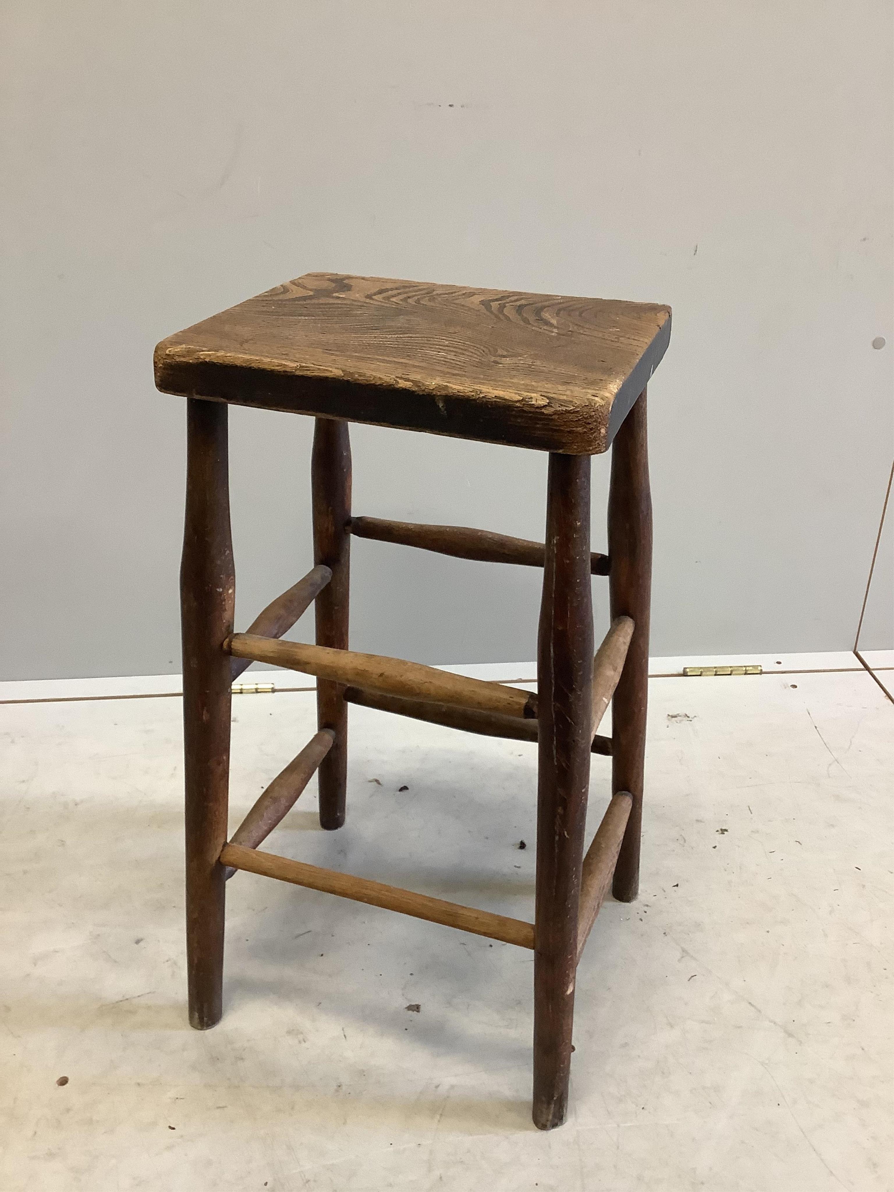 A pair of Victorian elm and beech stools, width 31cm, depth 25cm, height 62cm. Condition - poor, one stretcher missing